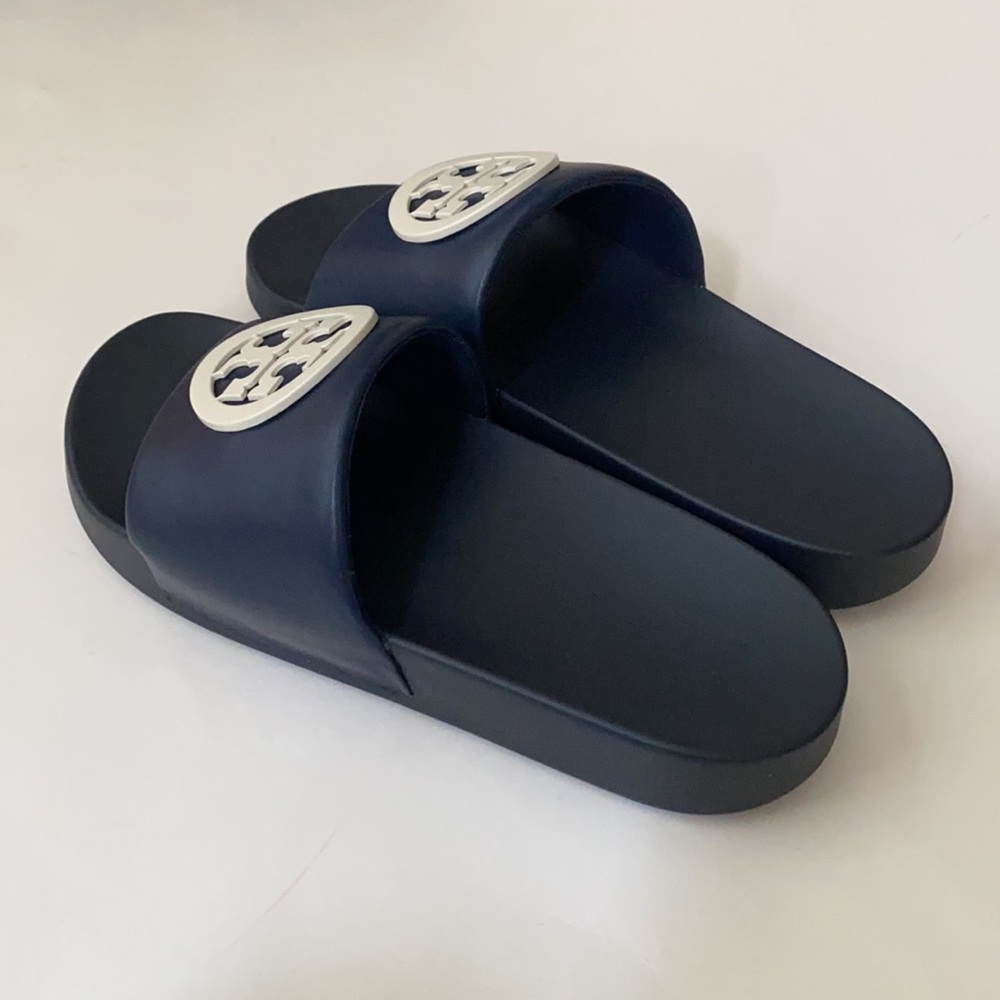 NIB Tory Burch LOGO Lina Leather Slide Royal Navy - Picture 7 of 11